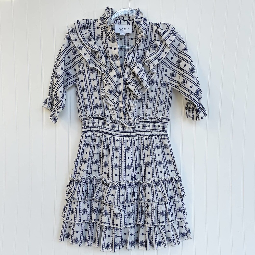 The Shirt Rochelle Behrens Dress Smock Ruffle Navy White Aztek Floral Mini